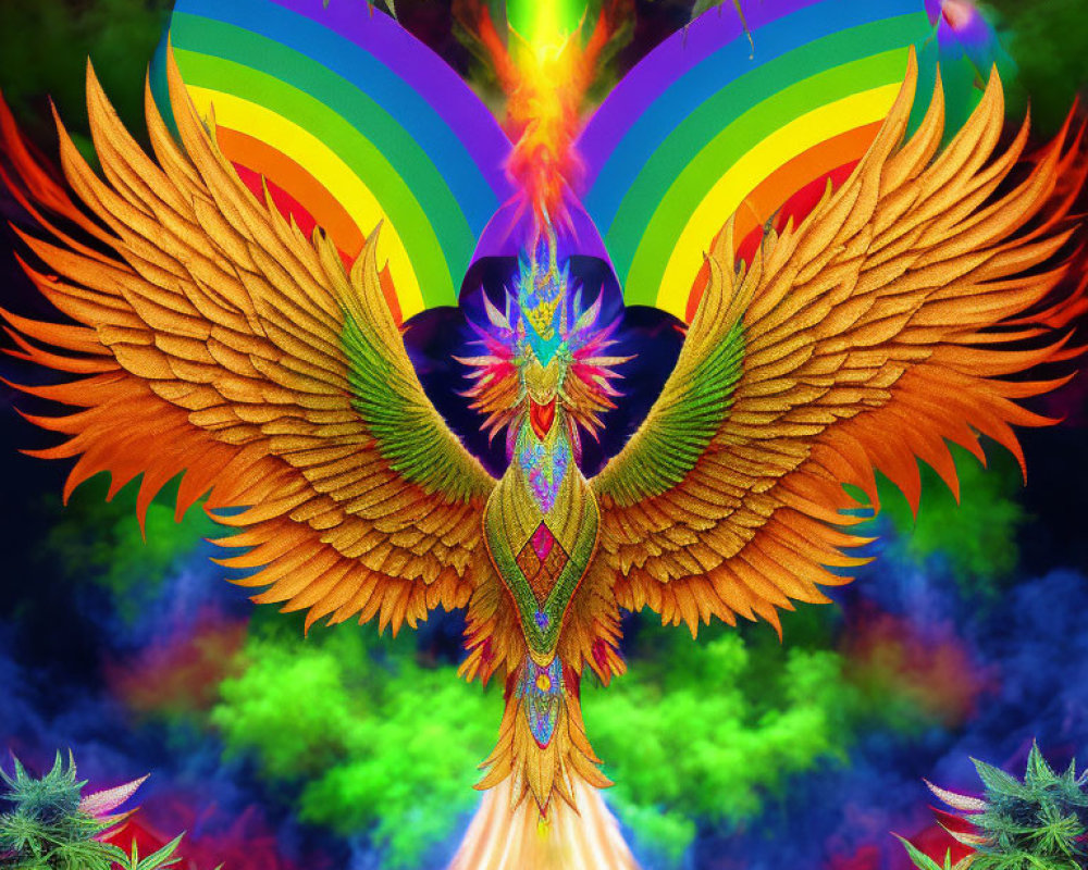 Colorful Phoenix with Rainbow and Cannabis Leaves on Fractal Background