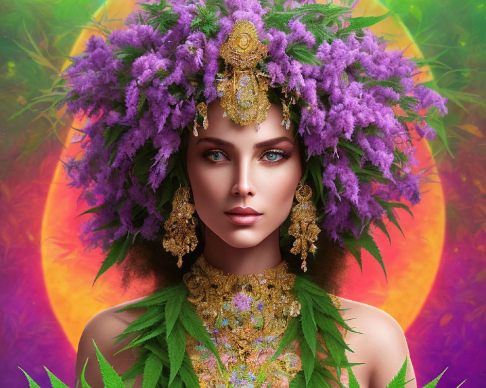 Woman with Purple Flower Headdress and Cannabis Leaves on Psychedelic Background