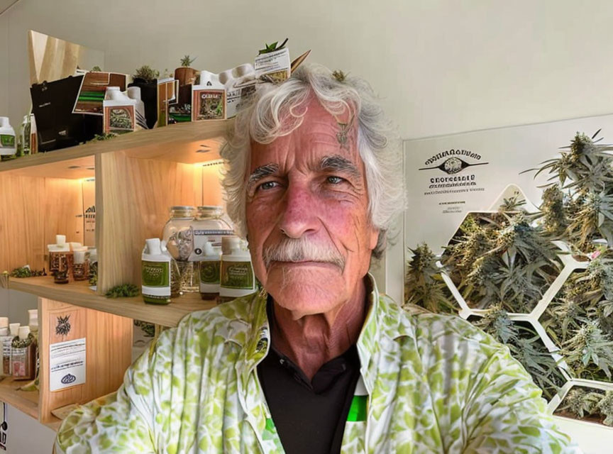 Elderly man in green shirt with cannabis products and plants