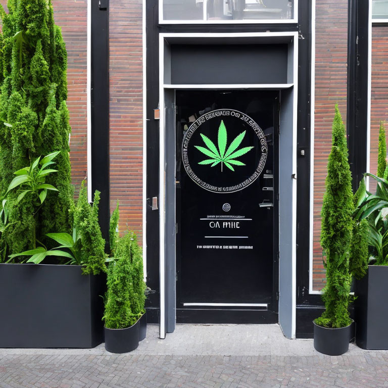 Storefront with glass door and cannabis leaf logo, surrounded by potted plants.