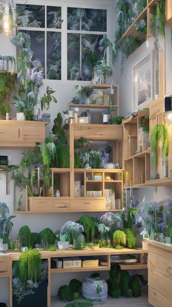 Indoor garden with greenery, workspace, and window view