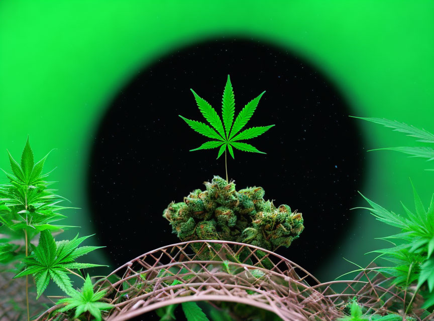 Circular Black Background with Cannabis Leaf Silhouette and Buds Basket