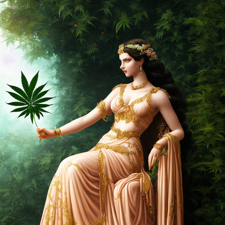 Mystical woman in peach gown with cannabis leaf in lush greenery