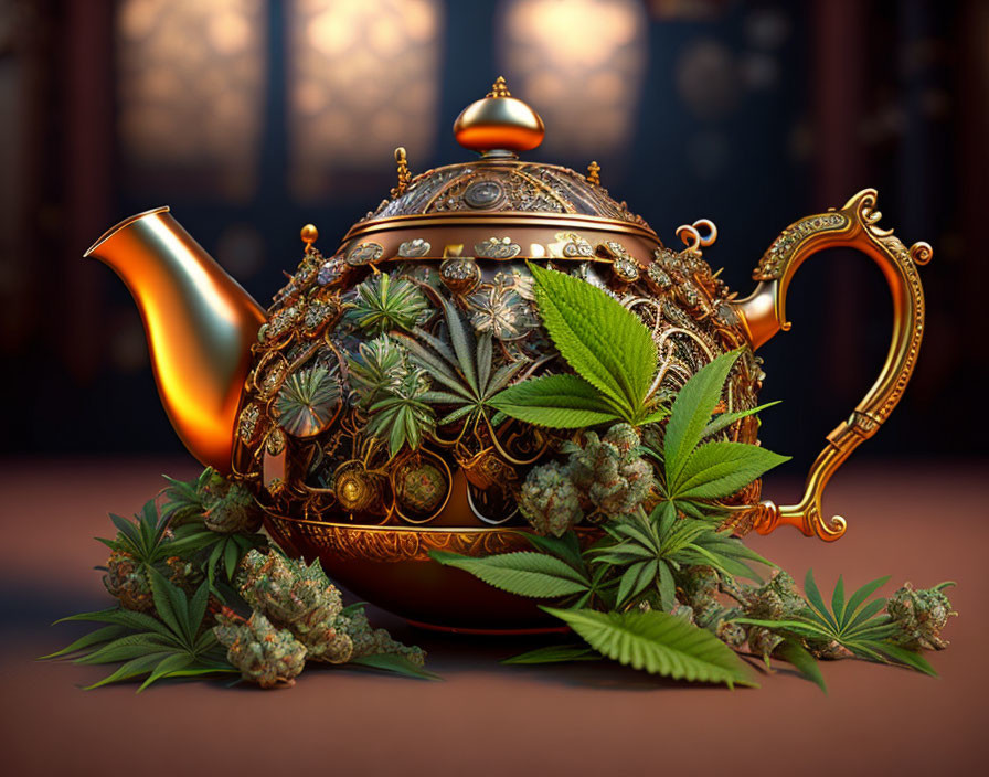 Ornate teapot with cannabis leaves and buds on dark background