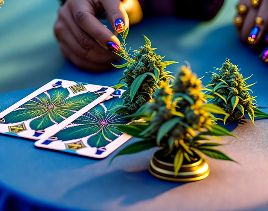 Hand arranging tarot cards near cannabis plant on blue table