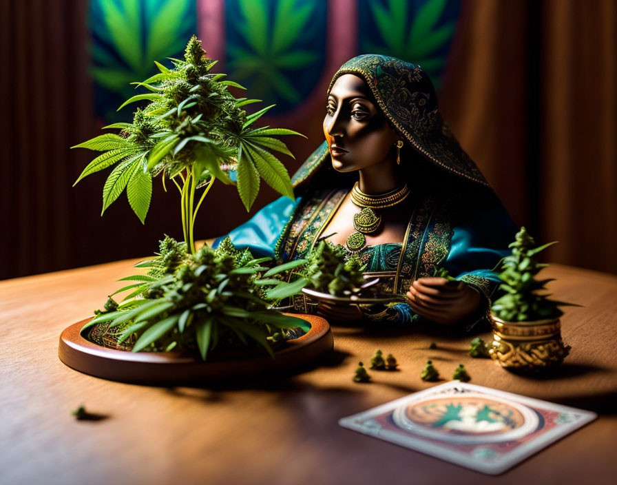 Woman figurine with cannabis plants on wooden table under dramatic lighting