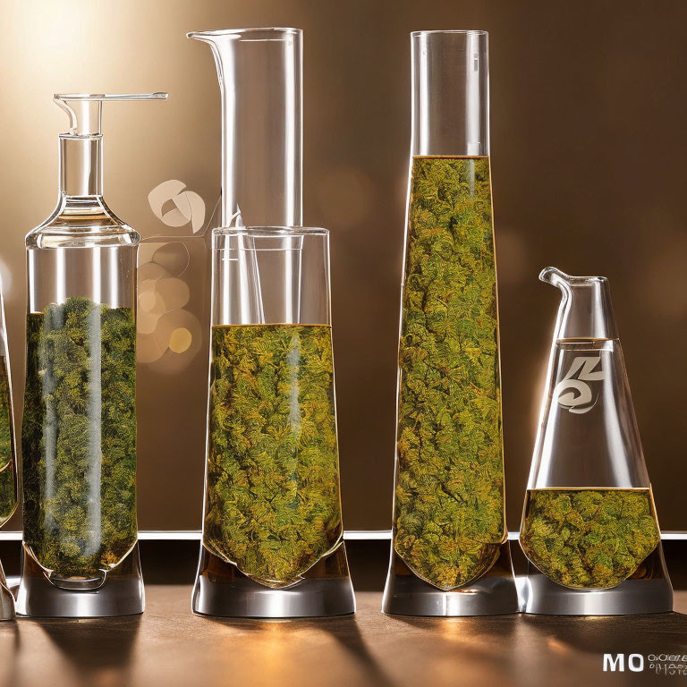 Transparent Glass Containers with Green Herbal Substance on Golden-Brown Background