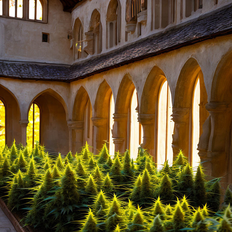 Sunlight filtering through arches onto lush green shrubs in courtyard