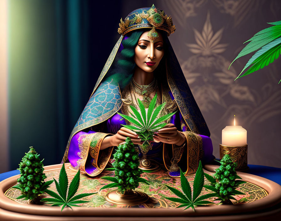 Veiled woman in regal attire with cannabis leaf, surrounded by plants and candles in dark room