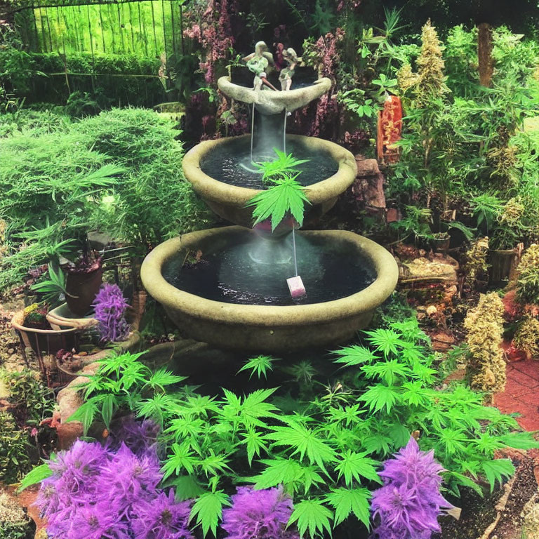 Tiered Fountain with Lush Greenery and Purple Plants