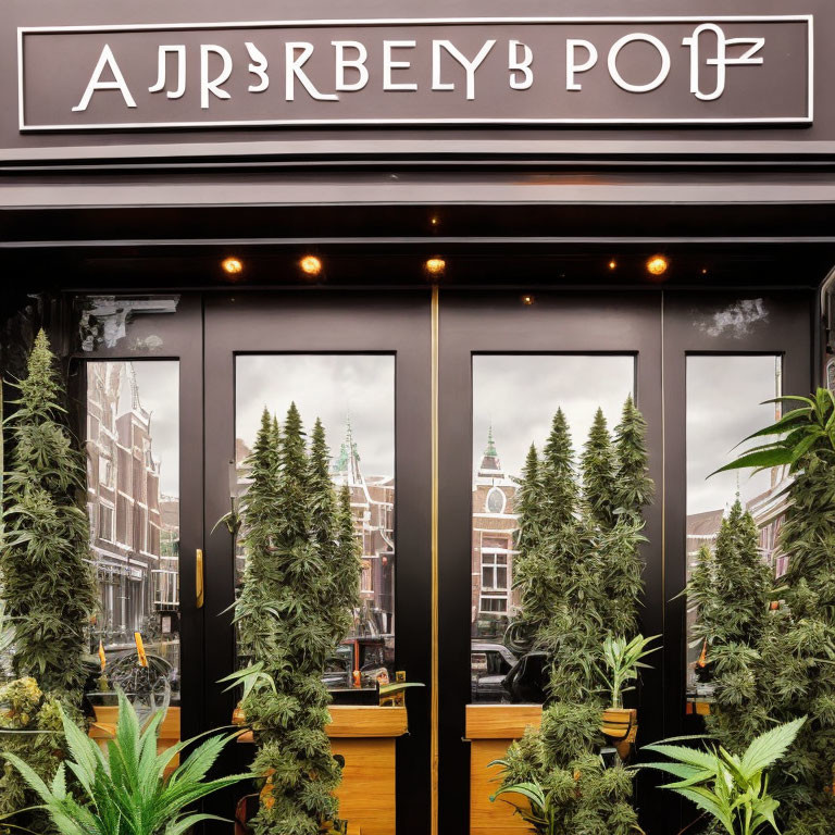 Storefront with large cannabis plants and Cyrillic sign under hanging light bulbs against cloudy sky