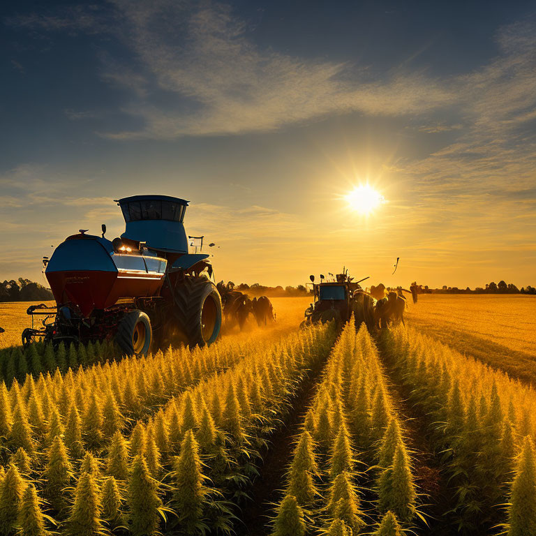 Golden field sunrise: Tractor in action under clear blue sky