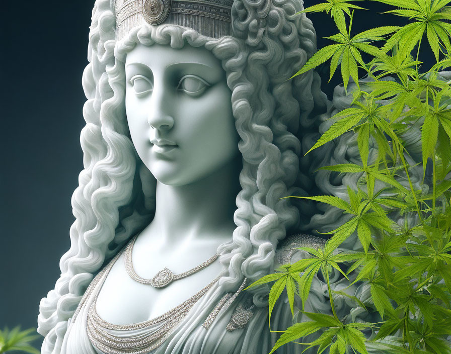 Intricate Woman's Head Sculpture with Cannabis Leaves Background
