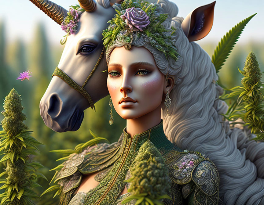 Fantasy illustration of woman and unicorn with floral adornments in lush greenery.