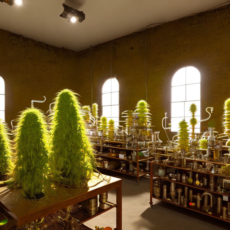 Indoor laboratory with green plants, scientific equipment, brick walls, and arched windows