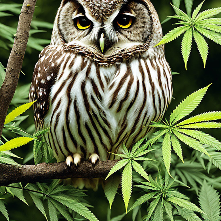 Barred owl with brown and white striped plumage perched on branch
