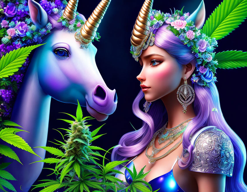 Fantasy illustration: Woman with purple hair, unicorn, flowers