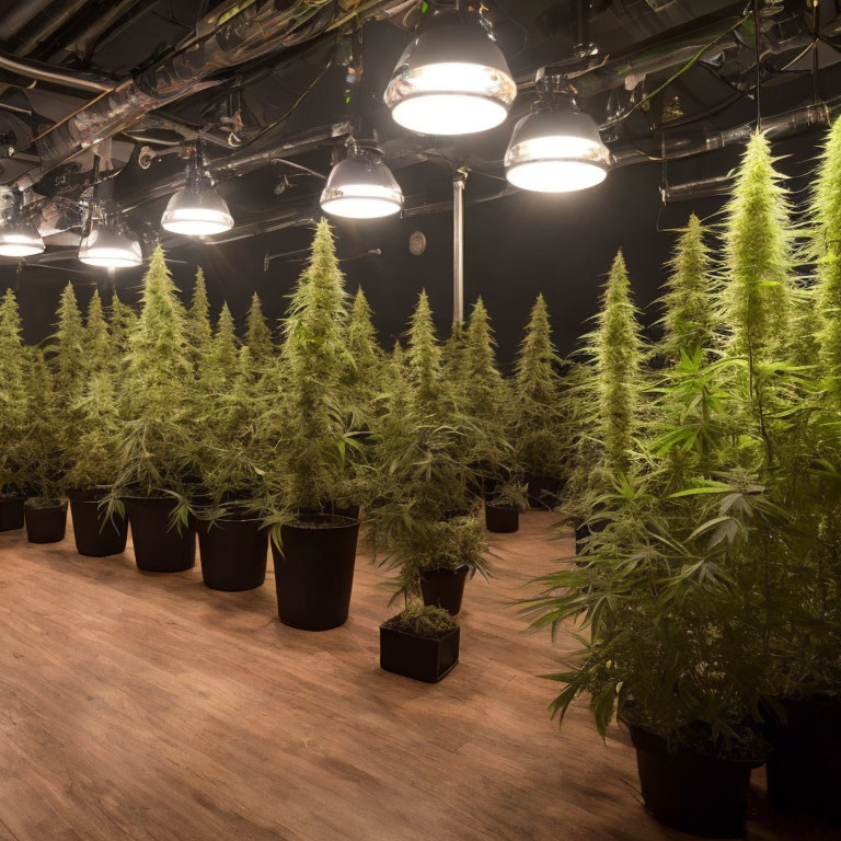 Indoor Cannabis Grow Operation with Potted Plants and Artificial Lighting