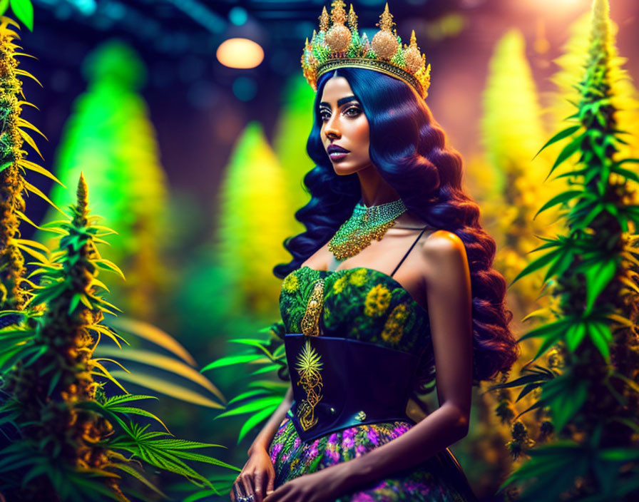 Regal woman with crown in elegant attire among lush green plants