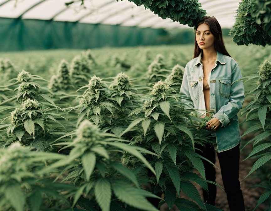 Woman in denim jacket surrounded by tall cannabis plants in greenhouse