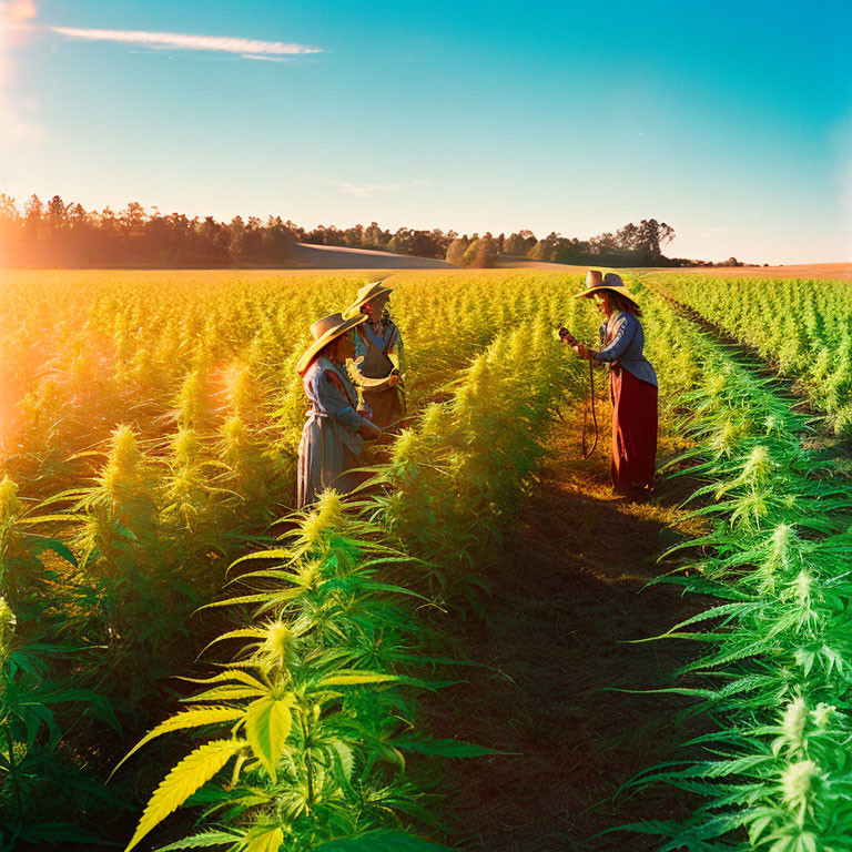 Two individuals in farm attire examining crops in a vibrant field.