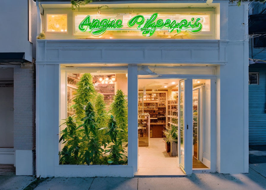 Storefront at dusk with open doors, plants, warm lighting, and green neon sign.
