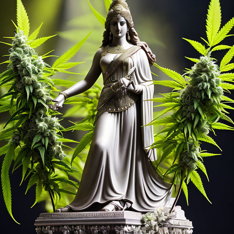 Lady Justice Statue Among Cannabis Plants with Scales and Sword