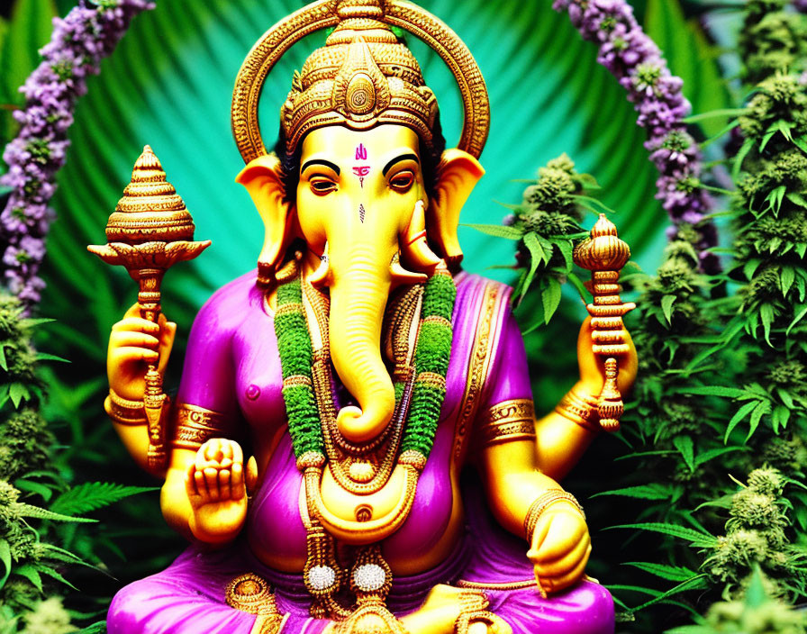 Colorful Hindu Ganesha statue with four arms on green background