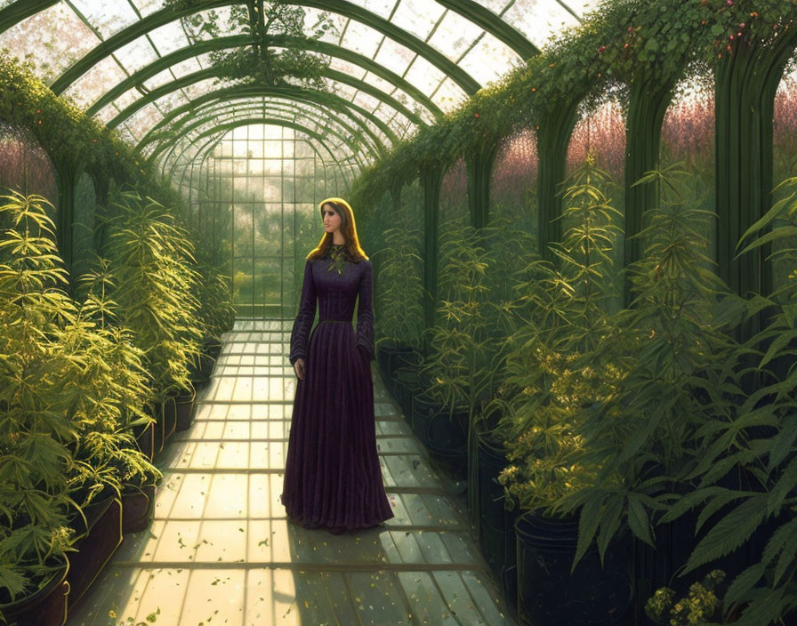 Woman in Purple Dress Contemplating in Lush Greenhouse
