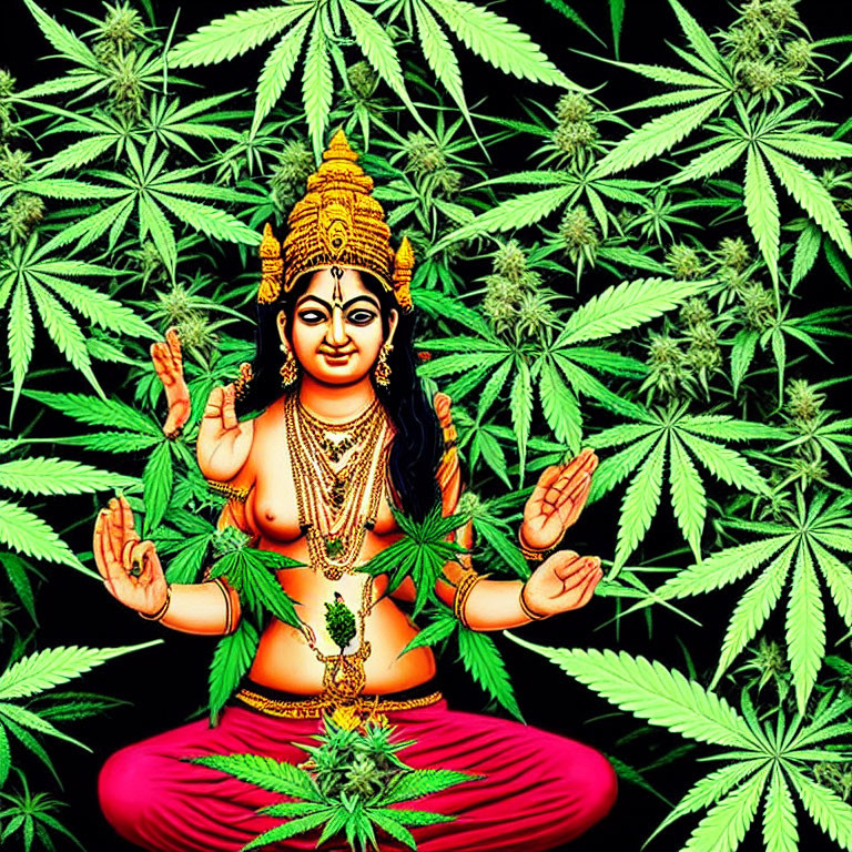 Vibrant illustration: Four-armed deity in lotus position with cannabis leaves backdrop