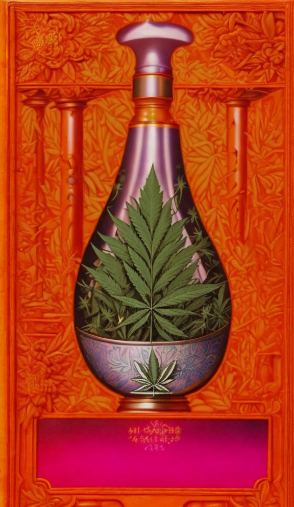 Decorative cannabis leaf bottle on ornate orange background