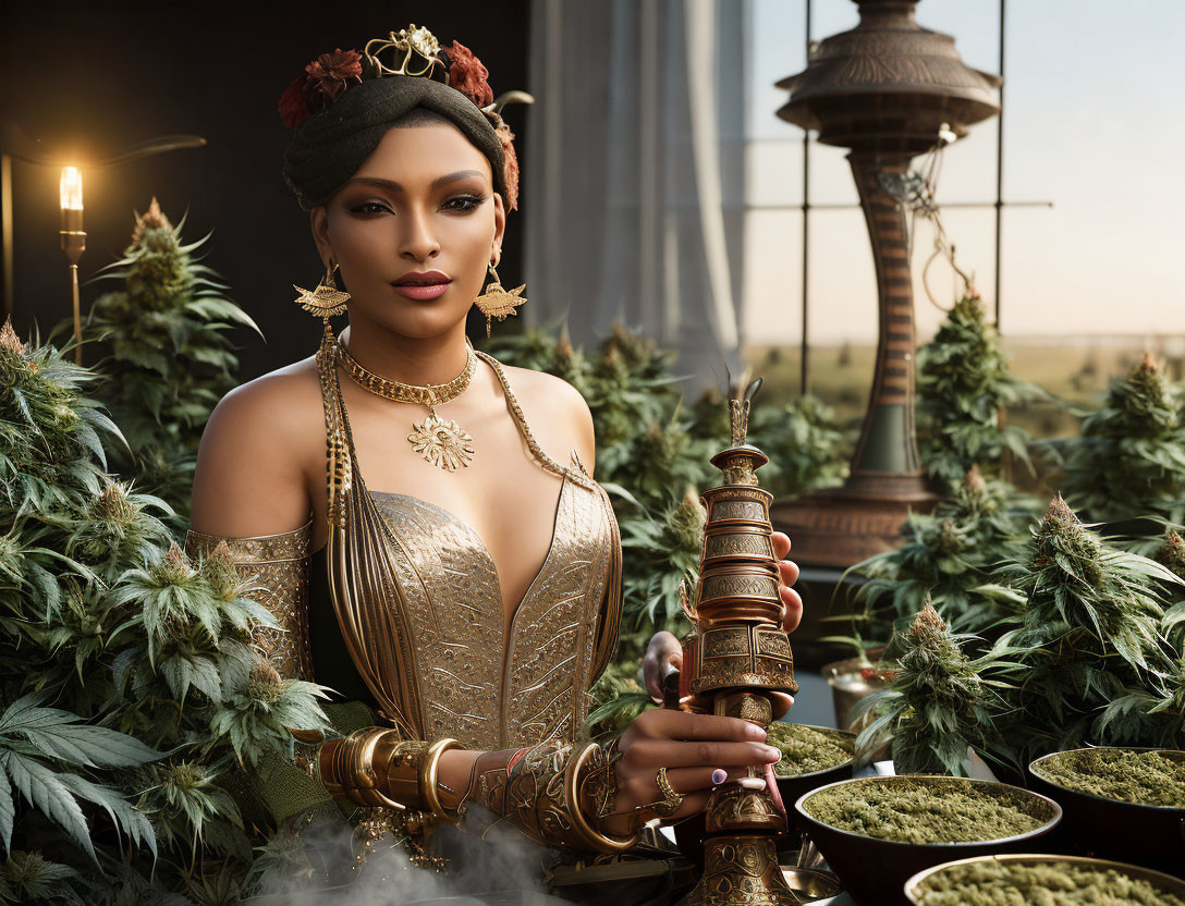 Regal woman in golden attire with hookah surrounded by cannabis plants