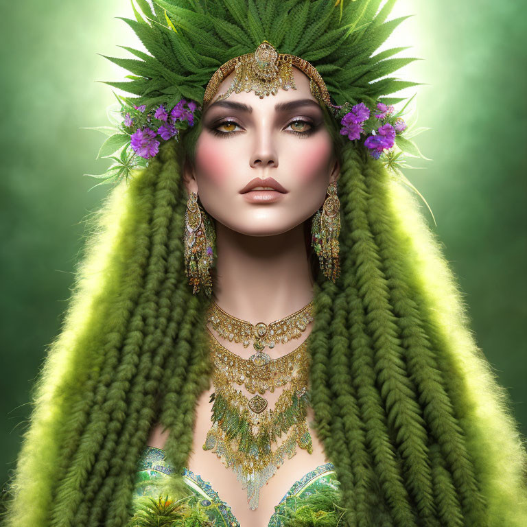 Woman with Textured Green Hair Styled as Headdress with Leaves and Purple Flowers