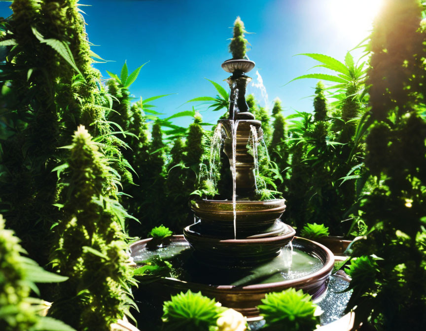 Lush Cannabis Plants Surround Fountain Under Blue Sky