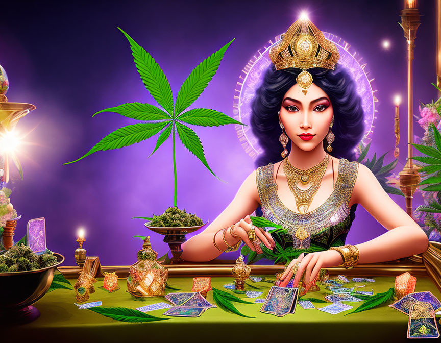 Regal woman with cannabis leaf backdrop and tarot cards in ornate setting