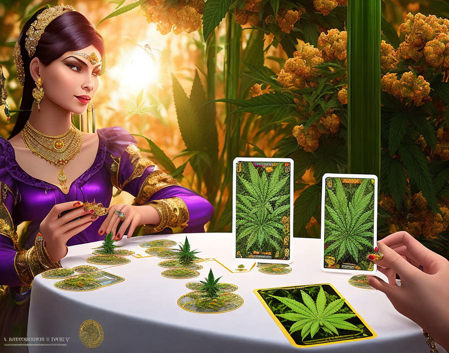 Digital artwork of woman in royal attire with cannabis-themed tarot cards, lush greenery, and warm