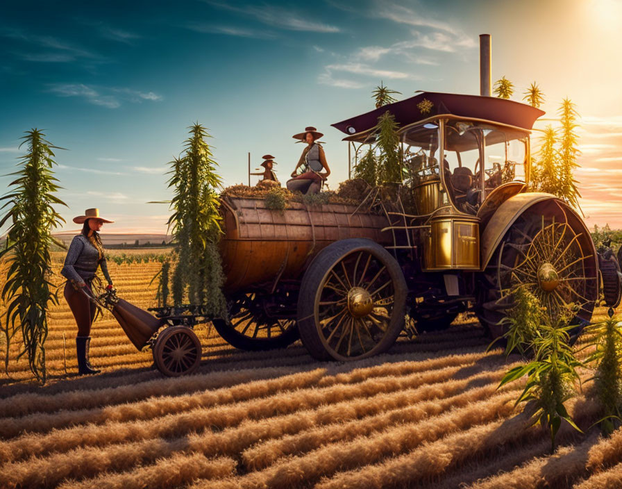 Two people in farm attire using a vintage steam tractor in a sunset field.