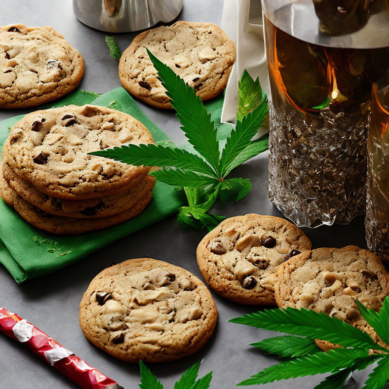 Chocolate chip cookies with cannabis leaves and jar on table