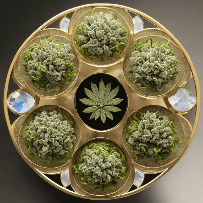 Golden Tray with Eight Compartments, Green Plants, Cannabis Leaf, and Crystal Accents