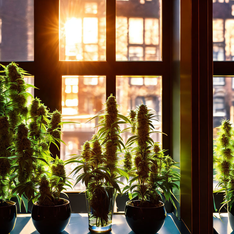 Sunlit indoor cannabis plants by grid-pattern window at sunset