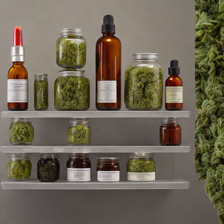 Herb-filled labeled jars and bottles on shelves with greenery against gray backdrop