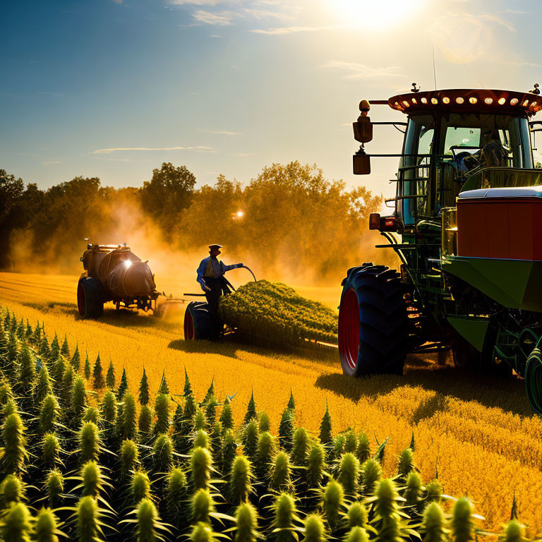 Person spraying crop field at sunset with tractor sprayer