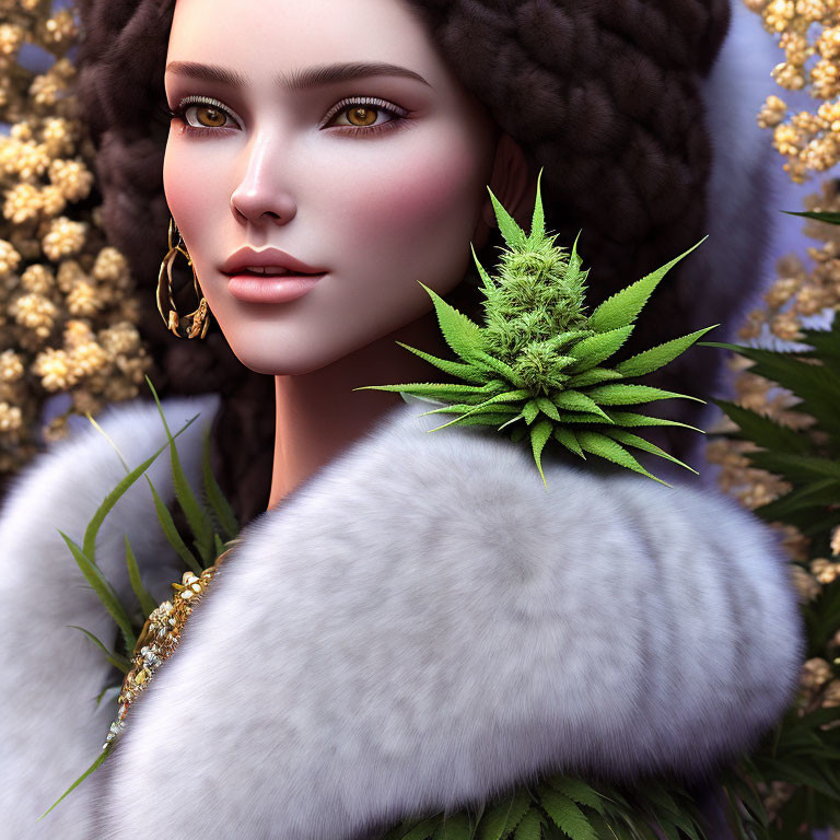 3D rendered portrait of woman with flawless skin in white fur coat and gold earrings with cannabis leaf and
