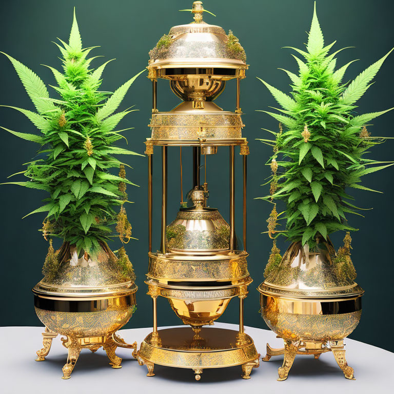 Golden urns with cannabis plants on teal background