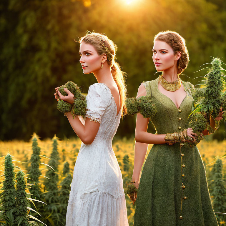 Vintage dresses worn by two women among tall plants in golden-hour sunlight