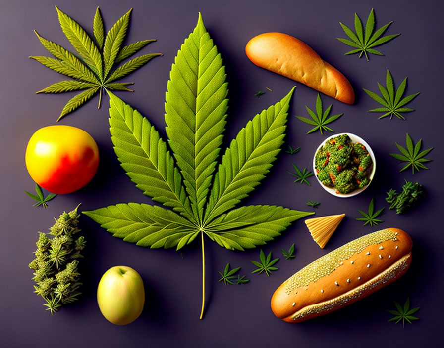Assortment of cannabis items with leaf, buds, and edibles on purple background