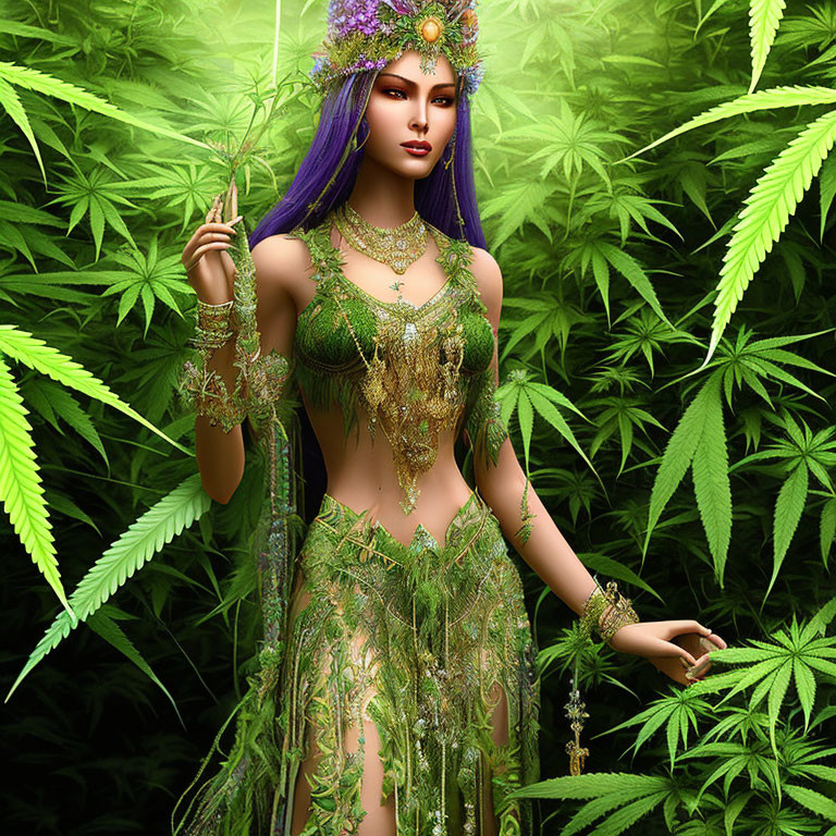 Purple-haired fantasy character in green and gold attire with cannabis leaves.