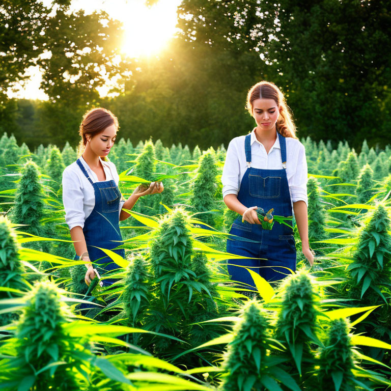 Two women in aprons caring for cannabis plants at sunset