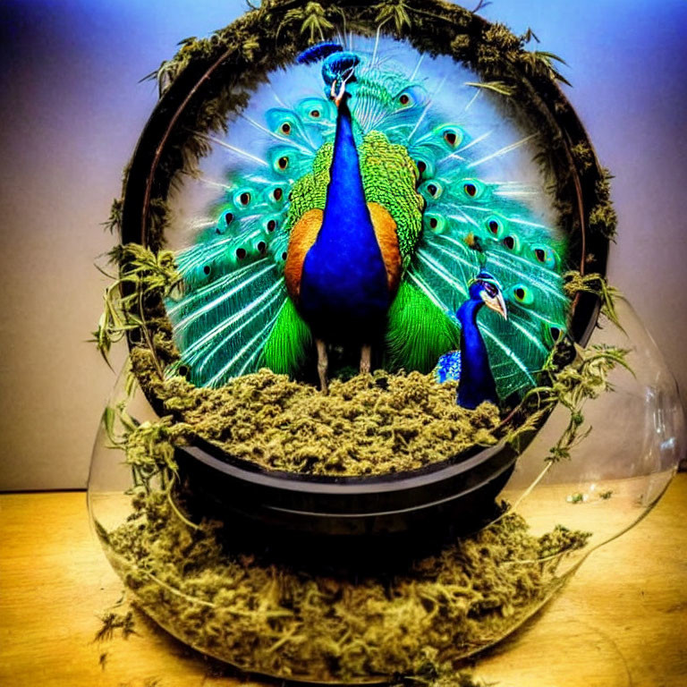Colorful peacock display in glass case with warm lighting and miniature figure