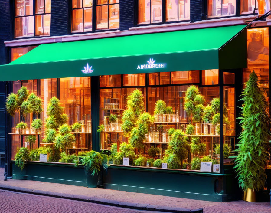 Colorful storefront with green awnings, large plant-filled windows, and neon lights at dusk.